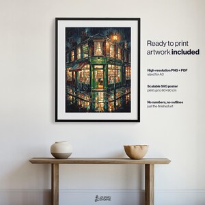May include: A framed digital art print depicting a rainy street scene with a green storefront, illuminated windows, and reflections on the wet pavement. The text reads: Ready to print artwork included, High-resolution PNG + PDF sized for A3, Scalable SVG poster print up to 60x90 cm, No numbers, no outlines just the finished art.