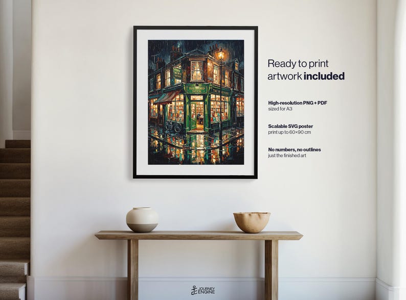 May include: A framed digital art print depicting a rainy street scene with a green storefront, illuminated windows, and reflections on the wet pavement. The text reads: Ready to print artwork included, High-resolution PNG + PDF sized for A3, Scalable SVG poster print up to 60x90 cm, No numbers, no outlines just the finished art.
