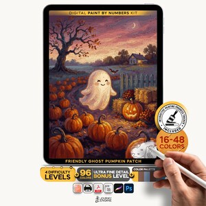 May include: A digital paint by numbers kit titled Friendly Ghost Pumpkin Patch displayed on a tablet screen. The artwork features a smiling ghost in a pumpkin field at dusk with a house and tree in the background. Includes 16-48 colors and 4 difficulty levels.