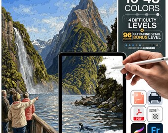 New Zealand Paint by Numbers Digital | 5 Levels 16-96 Colors | Svg Pdf Png Procreate | Milford Sound Fiordland Waterfall Printable Wall Art