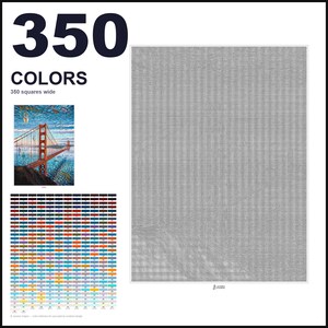 May include: A paint-by-numbers pattern featuring a large gray grid, a small color reference image of the Golden Gate Bridge, and a comprehensive chart of 350 colors. The text reads 350 COLORS and 350 squares wide, providing a detailed guide.