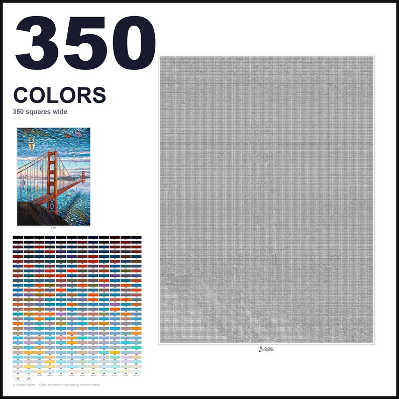 May include: A paint-by-numbers pattern featuring a large gray grid, a small color reference image of the Golden Gate Bridge, and a comprehensive chart of 350 colors. The text reads 350 COLORS and 350 squares wide, providing a detailed guide.