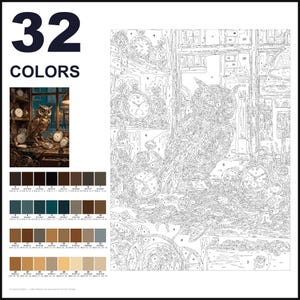 May include: A paint-by-numbers kit featuring 32 colors and a detailed line drawing of an owl perched among various clocks and gears. The set includes a small color reference image showing the finished scene with an owl in a workshop setting.