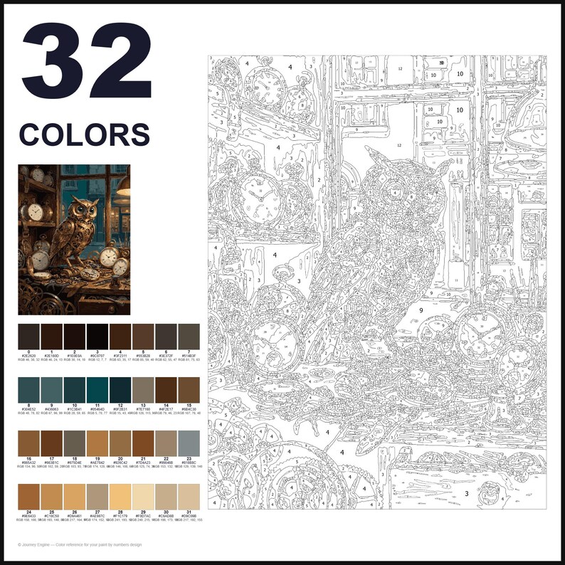May include: A paint-by-numbers kit featuring 32 colors and a detailed line drawing of an owl perched among various clocks and gears. The set includes a small color reference image showing the finished scene with an owl in a workshop setting.