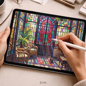 May include: A digital tablet displaying a pixelated art illustration of a sunlit room with stained glass windows, a wicker chair, and a potted plant. A white stylus is held against the screen, which features a vibrant, multi-colored mosaic pattern.