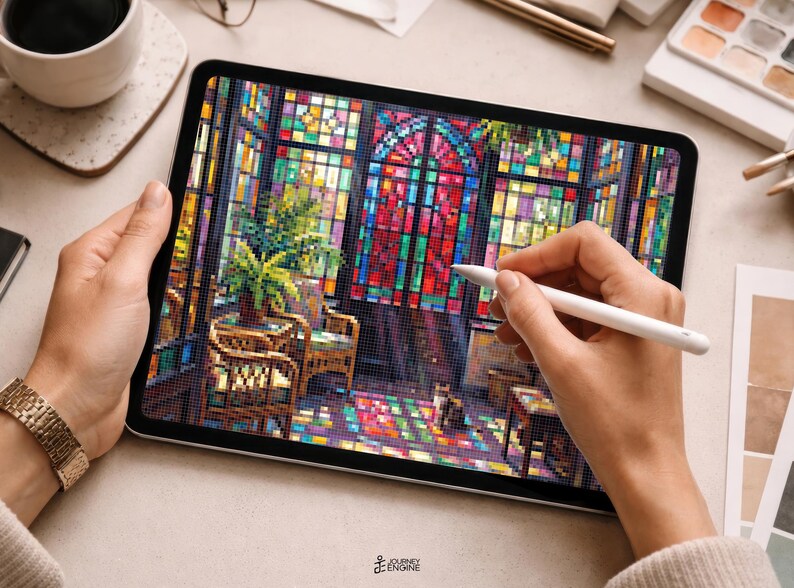 May include: A digital tablet displaying a pixelated art illustration of a sunlit room with stained glass windows, a wicker chair, and a potted plant. A white stylus is held against the screen, which features a vibrant, multi-colored mosaic pattern.