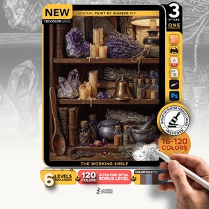 May include: A digital paint by number kit titled The Working Shelf featuring a wooden shelf with candles, amethyst crystals, dried lavender, glass bottles, a brass bell, a mortar and pestle, and a wooden spoon. Includes 120 colors and an interactive tracker.