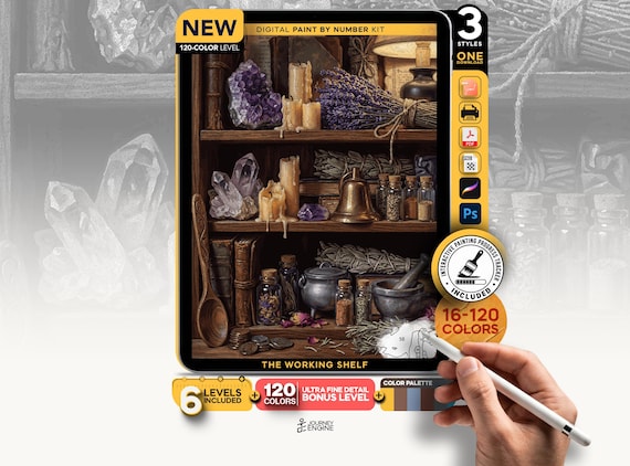 Crystal Altar Shelf paint by numbers digital kit, Witchy Candle Still Life Art