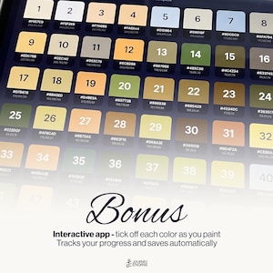 May include: A digital tablet screen displaying a grid of forty numbered color swatches, each with a specific hex code. Below the grid, the text reads Bonus, Interactive app - tick off each color as you paint, Tracks your progress and saves automatically.