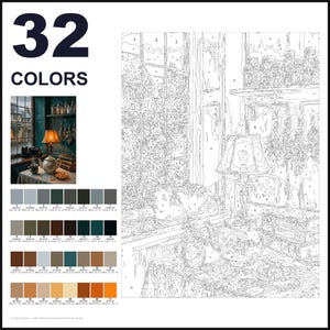 May include: A paint-by-numbers kit featuring 32 colors and a numbered outline of a cozy interior scene. The design depicts a table with a teapot, a lamp, and a cat by a window, accompanied by a color reference guide with hex and RGB codes.