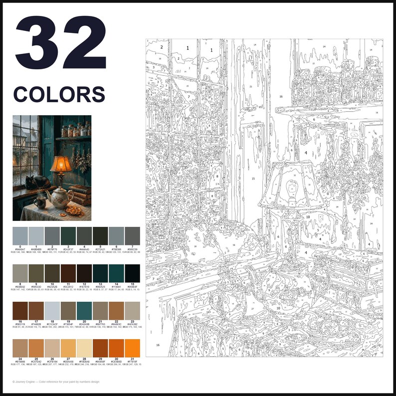 May include: A paint-by-numbers kit featuring 32 colors and a numbered outline of a cozy interior scene. The design depicts a table with a teapot, a lamp, and a cat by a window, accompanied by a color reference guide with hex and RGB codes.