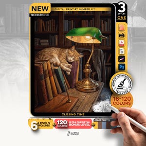 May include: A digital paint by number kit titled Closing Time featuring a sleeping orange tabby cat on a desk with a green banker lamp and books. The kit includes 120 colors, 3 styles, an interactive progress tracker, and 6 levels of detail.