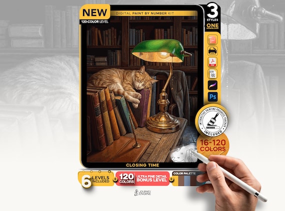 Bookshop Cat paint by numbers digital kit, Cozy Library Book Lover Art