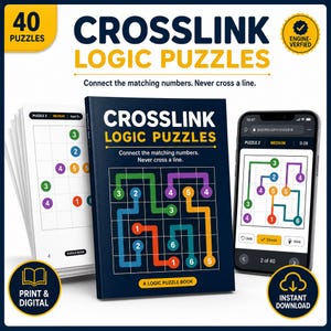 Puede incluir: Un libro de rompecabezas lógicos Crosslink con una portada azul oscuro que muestra una cuadrícula de puntos de colores conectados por líneas. Junto a él hay una pila de páginas de rompecabezas y un teléfono inteligente con la interfaz.