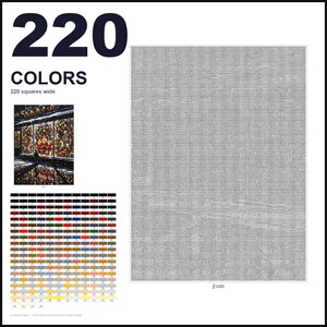 May include: A paint-by-numbers pattern featuring a large gray grid, a small reference image of a Christmas shop window, and a color key with 220 labeled squares. The text reads 220 COLORS and 220 squares wide, providing a guide for painting.
