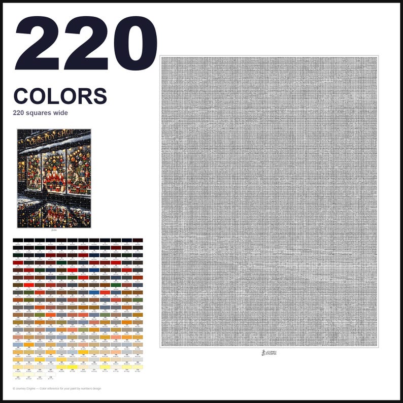 May include: A paint-by-numbers pattern featuring a large gray grid, a small reference image of a Christmas shop window, and a color key with 220 labeled squares. The text reads 220 COLORS and 220 squares wide, providing a guide for painting.