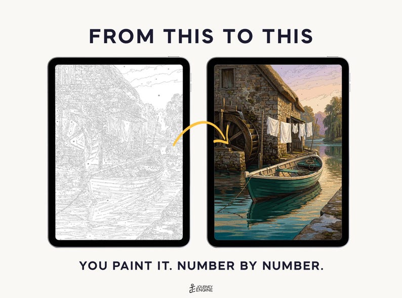 May include: Two tablets displaying a paint-by-number project. The left screen shows a grayscale line drawing of a watermill and boat. The right screen shows the completed, colorful version. Text reads: FROM THIS TO THIS. YOU PAINT IT. NUMBER BY NUMBER.