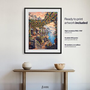 May include: A framed digital art print depicting a Mediterranean coastal terrace with lemon trees, stone stairs, and blue sea views. Text on the right reads: Ready to print artwork included, High-resolution PNG + PDF sized for A3, Scalable SVG poster print up to 60x90 cm, No numbers, no outlines, just the finished art.
