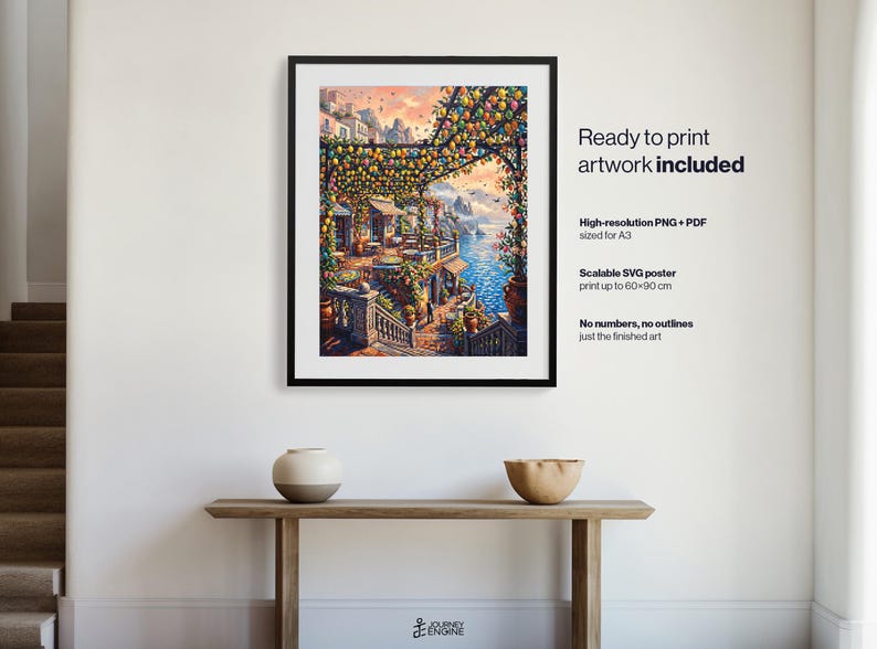 May include: A framed digital art print depicting a Mediterranean coastal terrace with lemon trees, stone stairs, and blue sea views. Text on the right reads: Ready to print artwork included, High-resolution PNG + PDF sized for A3, Scalable SVG poster print up to 60x90 cm, No numbers, no outlines, just the finished art.