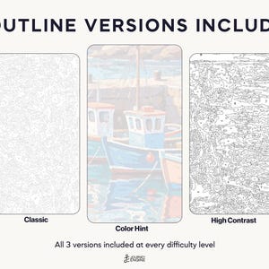 Pu&ograve; includere: Tre modelli di pittura con i numeri etichettati 3 OUTLINE VERSIONS INCLUDED. A sinistra un contorno grigio chiaro classico, al centro una versione con suggerimenti di colore di barche in un porto, a destra un contorno nero ad alto contrasto.