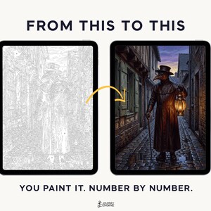 May include: Two tablets display a paint-by-number project featuring a plague doctor in a cobblestone alley. The left screen shows a grayscale line drawing, while the right screen shows the finished, colored version. Text reads: FROM THIS TO THIS, YOU PAINT IT. NUMBER BY NUMBER.