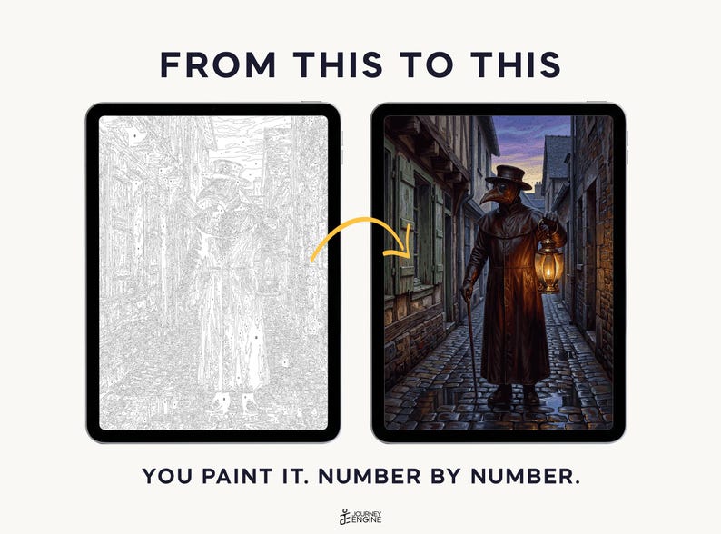May include: Two tablets display a paint-by-number project featuring a plague doctor in a cobblestone alley. The left screen shows a grayscale line drawing, while the right screen shows the finished, colored version. Text reads: FROM THIS TO THIS, YOU PAINT IT. NUMBER BY NUMBER.