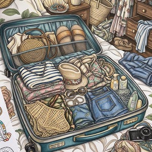 May include: An open teal suitcase packed with clothing and travel accessories, including a straw hat, denim shorts, a striped shirt, sandals, sunglasses, and small bottles. The suitcase features a label reading Traveler Model 402 on the front.