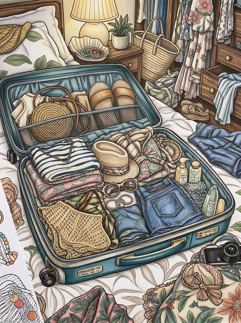 May include: An open teal suitcase packed with clothing and travel accessories, including a straw hat, denim shorts, a striped shirt, sandals, sunglasses, and small bottles. The suitcase features a label reading Traveler Model 402 on the front.