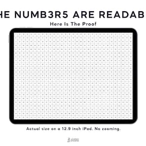 May include: A tablet screen displaying a dense grid of small black numbers on a white background. The text at the top reads THE NUMB3R5 ARE READABLE Here Is The Proof. Below the tablet, the text reads Actual size on a 12.9 inch iPad. No zooming.