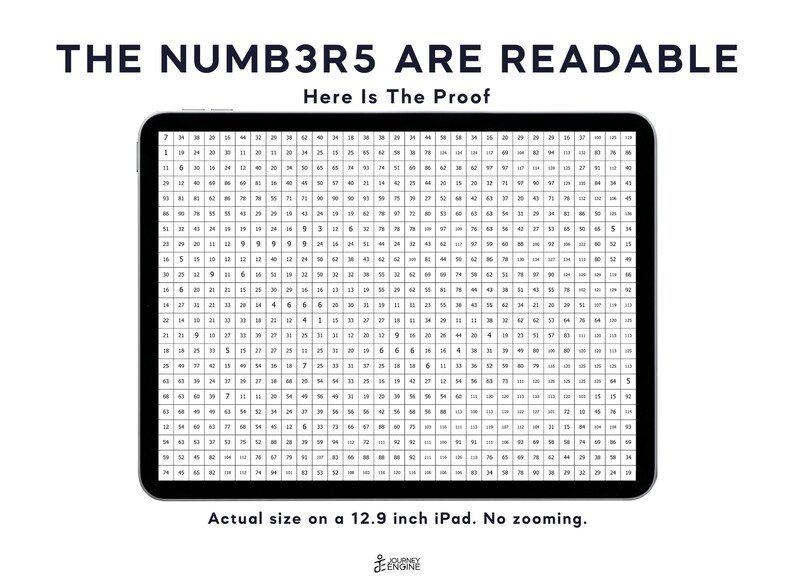 May include: A tablet screen displaying a dense grid of small black numbers on a white background. The text at the top reads THE NUMB3R5 ARE READABLE Here Is The Proof. Below the tablet, the text reads Actual size on a 12.9 inch iPad. No zooming.