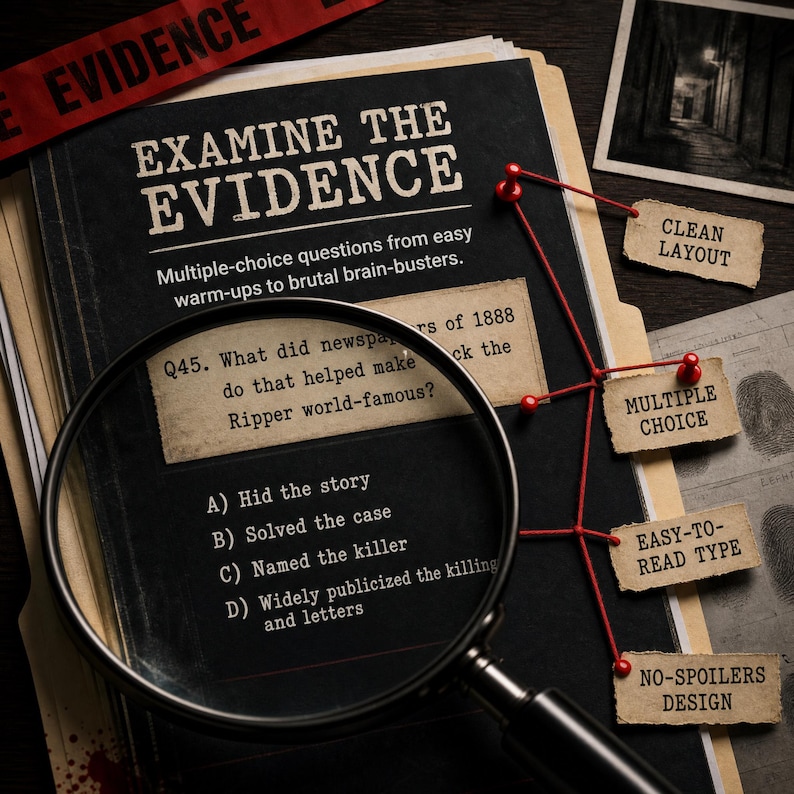 May include: A black document folder titled EXAMINE THE EVIDENCE with multiple-choice questions about the 1888 Ripper case. A magnifying glass rests on the page. Red pins connect to small paper tags labeled CLEAN LAYOUT, MULTIPLE CHOICE, EASY-TO-READ TYPE, and NO-SPOILERS DESIGN.