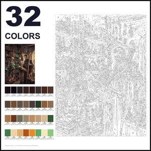 May include: A paint-by-numbers kit featuring 32 colors and a numbered outline template. The design depicts a dark fantasy scene with a robed figure and skeletons in a library. A small color reference image shows the finished artwork with brown, green, and orange tones. The palette includes 32 distinct paint swatches with corresponding numbers.