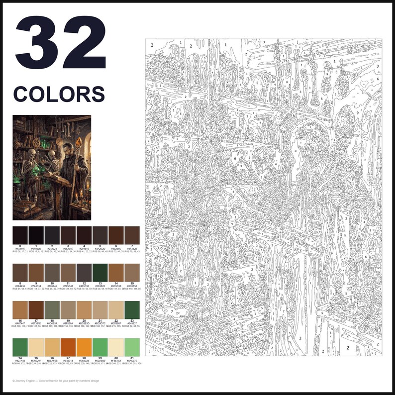 May include: A paint-by-numbers kit featuring 32 colors and a numbered outline template. The design depicts a dark fantasy scene with a robed figure and skeletons in a library. A small color reference image shows the finished artwork with brown, green, and orange tones. The palette includes 32 distinct paint swatches with corresponding numbers.