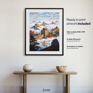 May include: A framed wall art print depicting the Great Wall of China winding through misty mountains under a blue sky. Text on the right reads: Ready to print artwork included, High-resolution PNG + PDF sized for A3, Scalable SVG poster print up to 60x90 cm, No numbers, no outlines just the finished art.