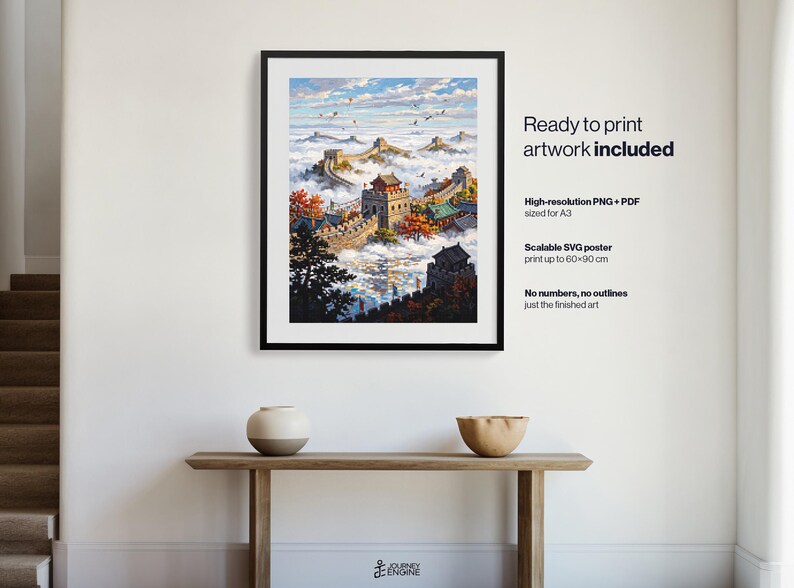 May include: A framed wall art print depicting the Great Wall of China winding through misty mountains under a blue sky. Text on the right reads: Ready to print artwork included, High-resolution PNG + PDF sized for A3, Scalable SVG poster print up to 60x90 cm, No numbers, no outlines just the finished art.