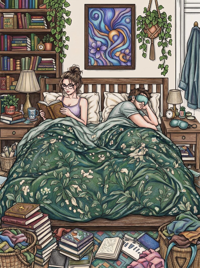 Puede incluir: Una escena de dormitorio con una persona leyendo un libro en la cama mientras otra duerme con un antifaz azul. La cama tiene un edred&oacute;n floral verde oscuro. La habitaci&oacute;n incluye muebles de madera, estanter&iacute;as llenas de libros, una planta colgante y pilas de libros en el suelo.