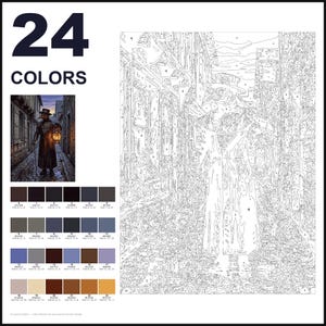 May include: A paint-by-numbers kit featuring a plague doctor in a cobblestone alleyway. The layout includes a numbered outline template, a reference image, and a grid of 24 color swatches with corresponding RGB values and numerical labels.