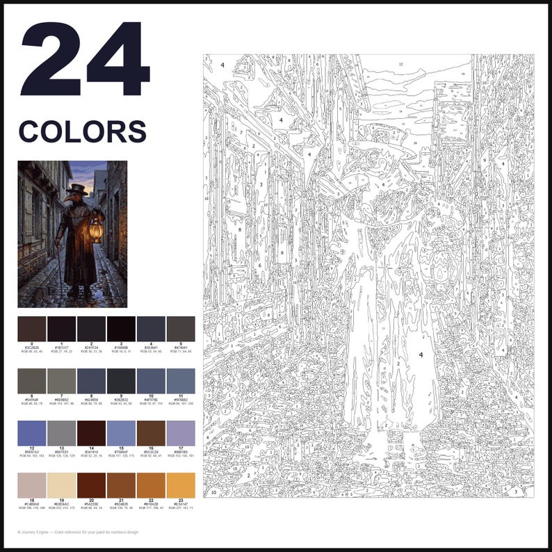 May include: A paint-by-numbers kit featuring a plague doctor in a cobblestone alleyway. The layout includes a numbered outline template, a reference image, and a grid of 24 color swatches with corresponding RGB values and numerical labels.