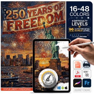 America 250 Paint by Numbers Digital | 5 Levels 16-96 Colors | Svg Pdf Png Procreate | Statue Liberty Fireworks Printable Patriotic Template