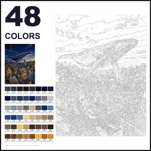 May include: A paint-by-numbers kit featuring 48 colors and a line art template of a large whale flying over a village. The set includes a small color reference image showing the finished scene with a dark blue sky and illuminated houses.