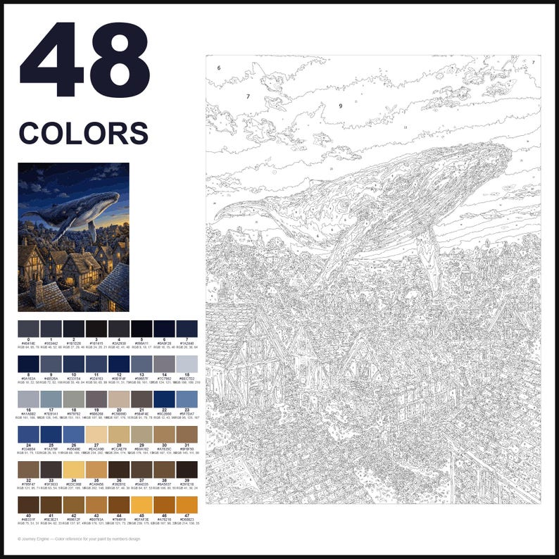 May include: A paint-by-numbers kit featuring 48 colors and a line art template of a large whale flying over a village. The set includes a small color reference image showing the finished scene with a dark blue sky and illuminated houses.
