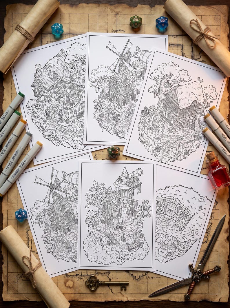 Puede incluir: Un conjunto de p&aacute;ginas para colorear con tem&aacute;tica de fantas&iacute;a que presentan ilustraciones detalladas de edificios caprichosos, molinos de viento y paisajes. La imagen incluye materiales de arte como rotuladores y dados, junto con pergaminos decorativos y un mapa.