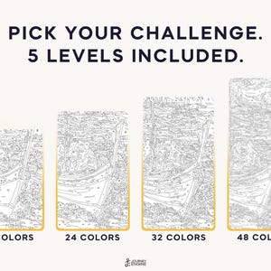 May include: A paint-by-numbers set featuring four vertical panels of a boat scene with varying complexity levels labeled 16, 24, 32, and 48 colors. The text at the top reads PICK YOUR CHALLENGE. 5 LEVELS INCLUDED. The bottom logo reads JOURNEY ENGINE.