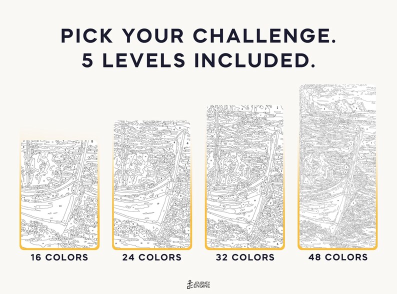 May include: A paint-by-numbers set featuring four vertical panels of a boat scene with varying complexity levels labeled 16, 24, 32, and 48 colors. The text at the top reads PICK YOUR CHALLENGE. 5 LEVELS INCLUDED. The bottom logo reads JOURNEY ENGINE.