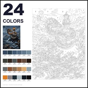 May include: A paint-by-numbers kit featuring a dragon coiled around a lighthouse on a rocky shore. The set includes a numbered outline template, a small reference image, and a palette of 24 colors with corresponding RGB values and labels.