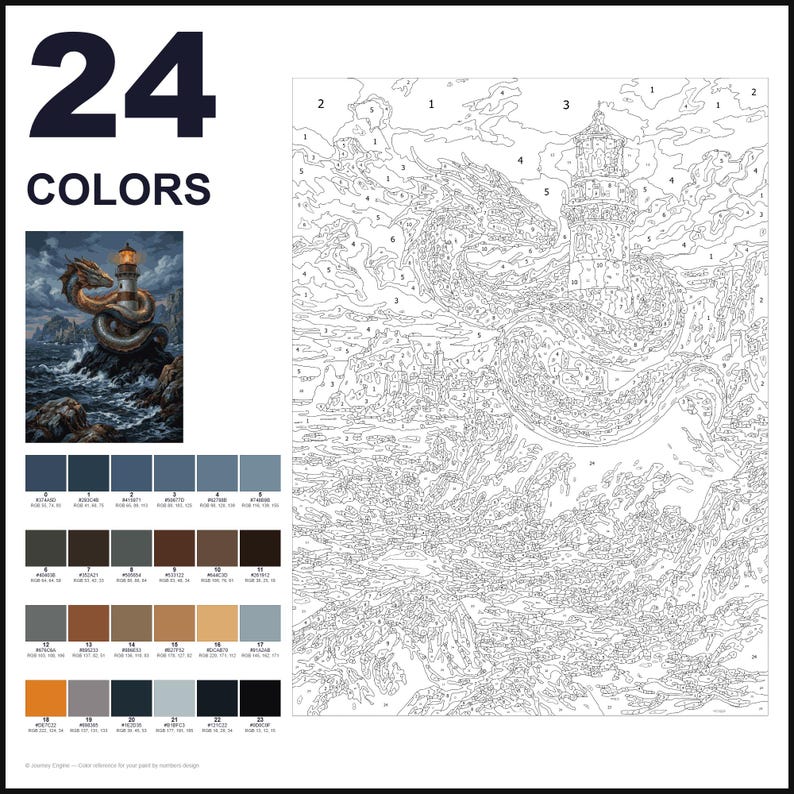 May include: A paint-by-numbers kit featuring a dragon coiled around a lighthouse on a rocky shore. The set includes a numbered outline template, a small reference image, and a palette of 24 colors with corresponding RGB values and labels.