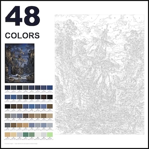May include: A paint-by-numbers kit featuring a large numbered outline of a sailing ship in a rocky cove. The set includes a small color reference image of the finished scene and a grid of 48 numbered color swatches with hex codes.