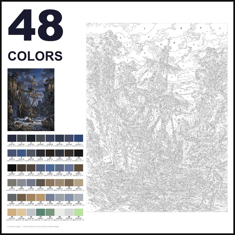 May include: A paint-by-numbers kit featuring a large numbered outline of a sailing ship in a rocky cove. The set includes a small color reference image of the finished scene and a grid of 48 numbered color swatches with hex codes.