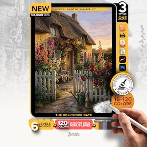 May include: A digital paint by number kit titled The Hollyhock Gate featuring a thatched cottage with a white picket fence, blooming hollyhocks, and a green watering can. The kit includes 120 colors, an interactive progress tracker, and 6 levels.