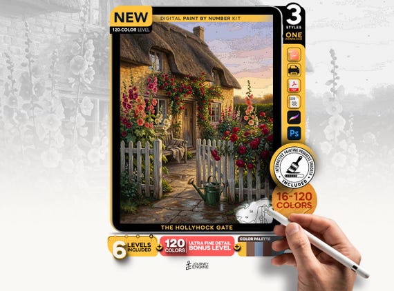 Cottage Garden paint by numbers digital kit, Hollyhocks Roses Picket Fence Art